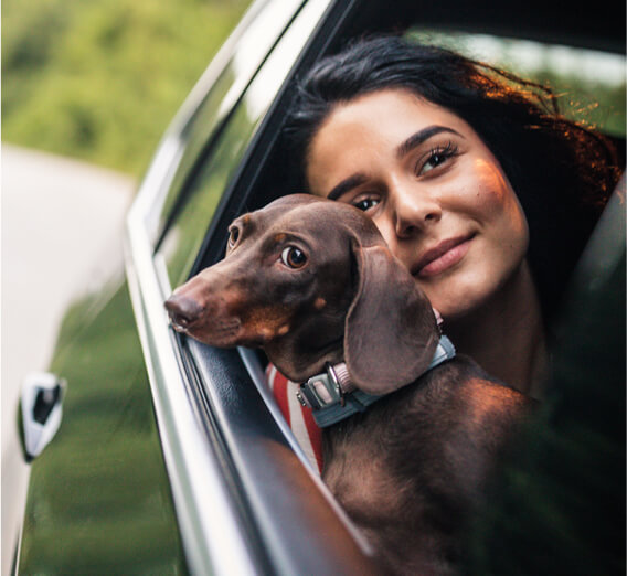 Woman and dog looking out the open window of a car